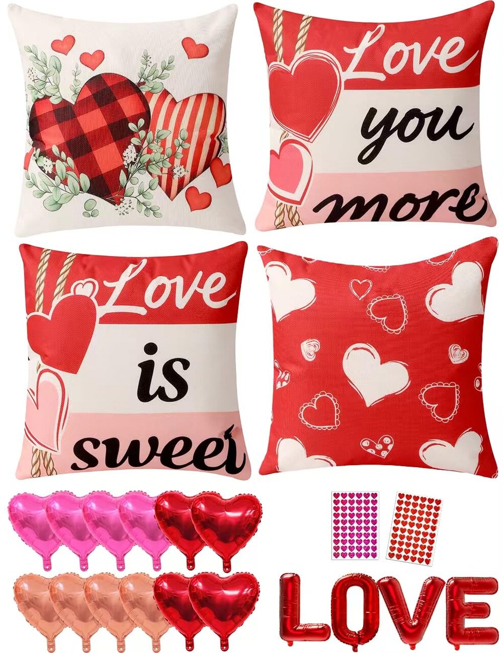 Valentine Decorations Set of 4 Double-Sided Valentine's Day Throw Pillow Covers 18" x 18", Reversible 8 Designs, with 16 pcs Heart & Love Balloons, Stickers, Complete Valentines Decor Kit